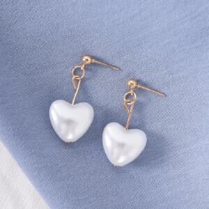 Gold Heart Shape Pearl Drop Earrings